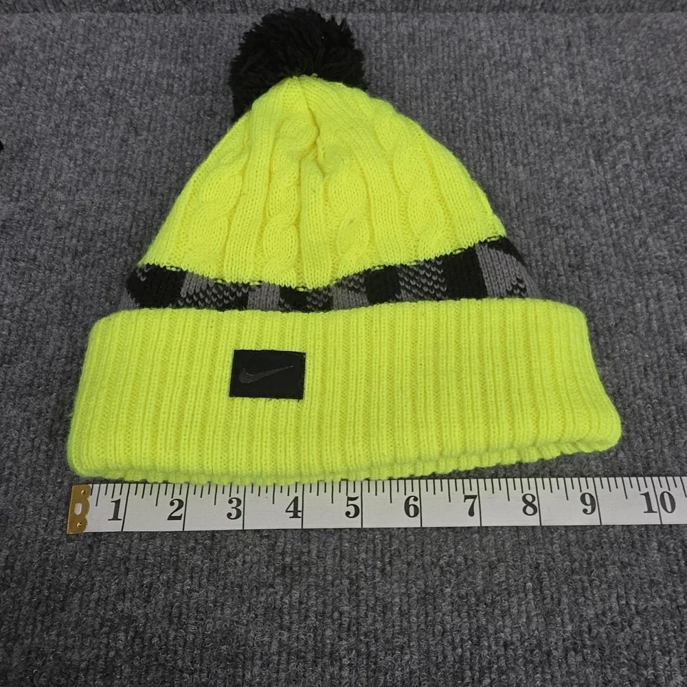 Nike Hat Beanie Youth‎ One Size Yellow Plaid Knit Pom Winter Swoosh Sports
